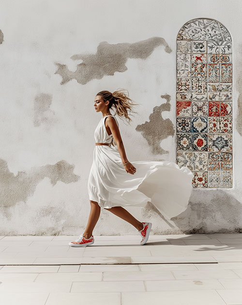 fata cu pantofi casual rosii care alearga pe strada